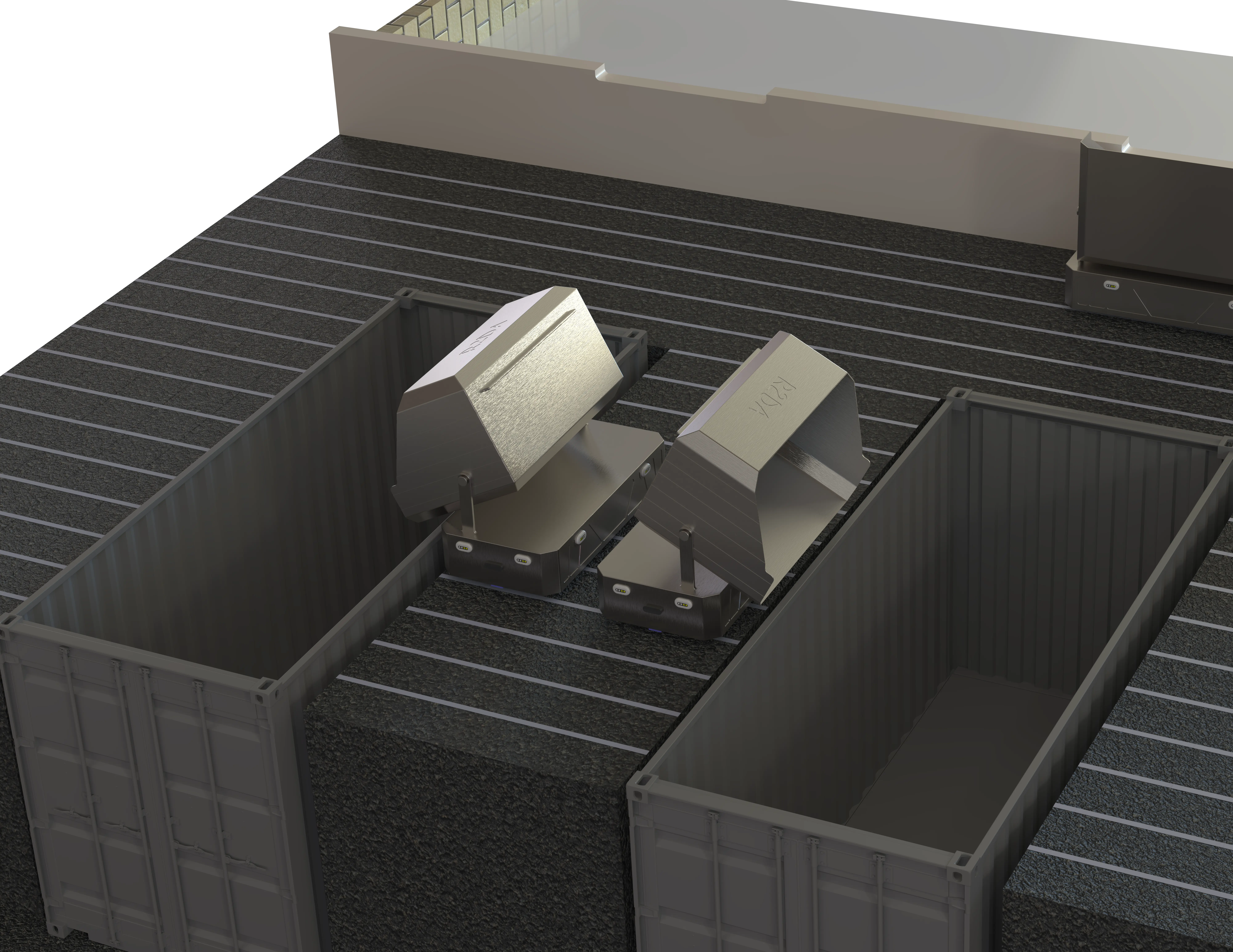 Vue 3D d’une déchetterie automatisée mettant en scène deux robots industriels inclinables installés dans des conteneurs d’apport volontaire, utilisés pour la gestion, le tri et le compactage des déchets. La scène montre l’intégration des robots dans une infrastructure modulaire type container, illustrant une solution innovante pour moderniser et sécuriser les centres de tri et les espaces de collecte.