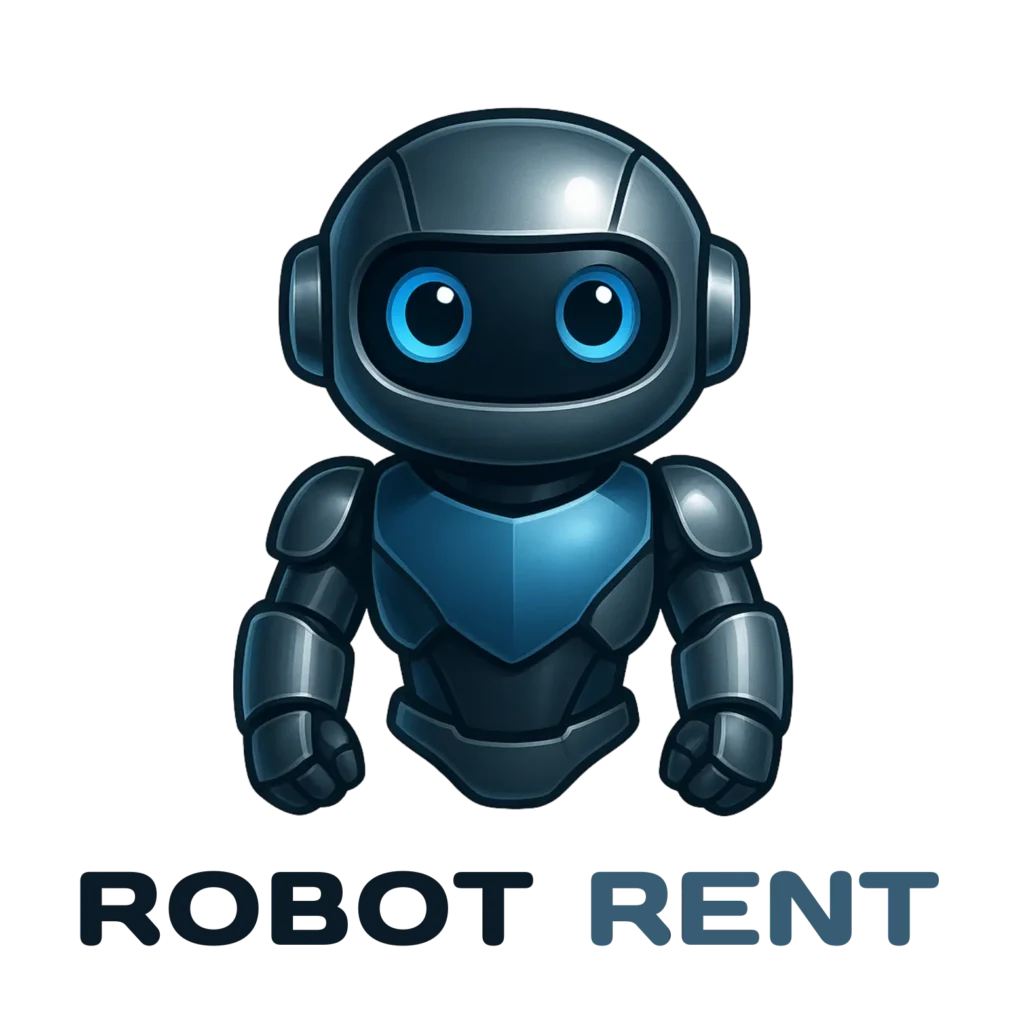 Logo Robot Rent avec un petit robot futuriste aux yeux bleus, illustrant un service de location de robots et de technologies automatisées.
