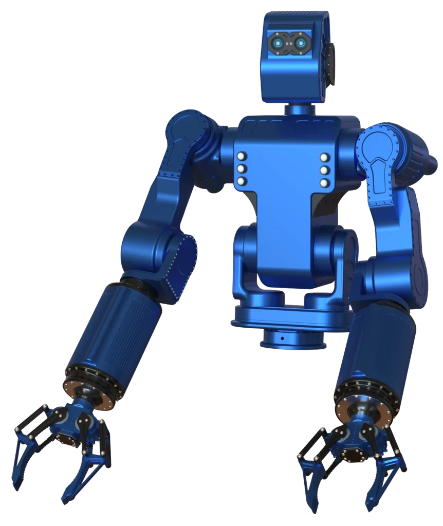 Exosquelette ZEUS de couleur bleue, doté de bras articulés allongés et de pinces mécaniques de précision, conçu pour assister les opérations industrielles et la manipulation d’objets lourds.