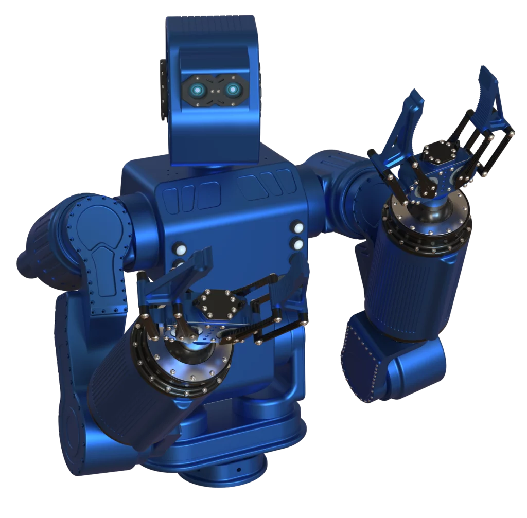 Exosquelette ZEUS de couleur bleue, équipé de bras articulés et de pinces mécaniques précises, conçu pour assister les tâches industrielles et la manipulation d’objets lourds.