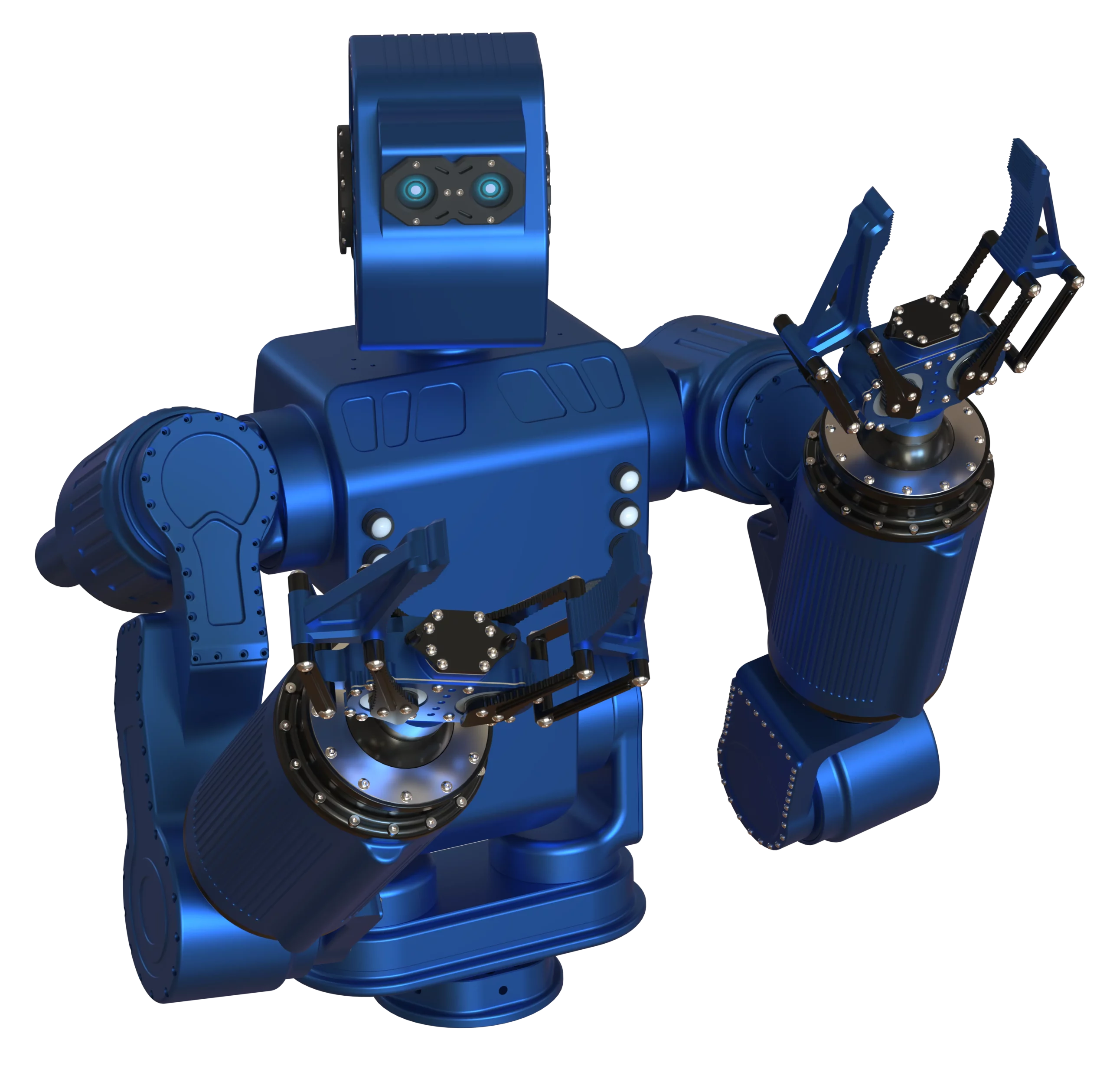 Exosquelette ZEUS de couleur bleue, équipé de bras articulés et de pinces mécaniques précises, conçu pour assister les tâches industrielles et la manipulation d’objets lourds.