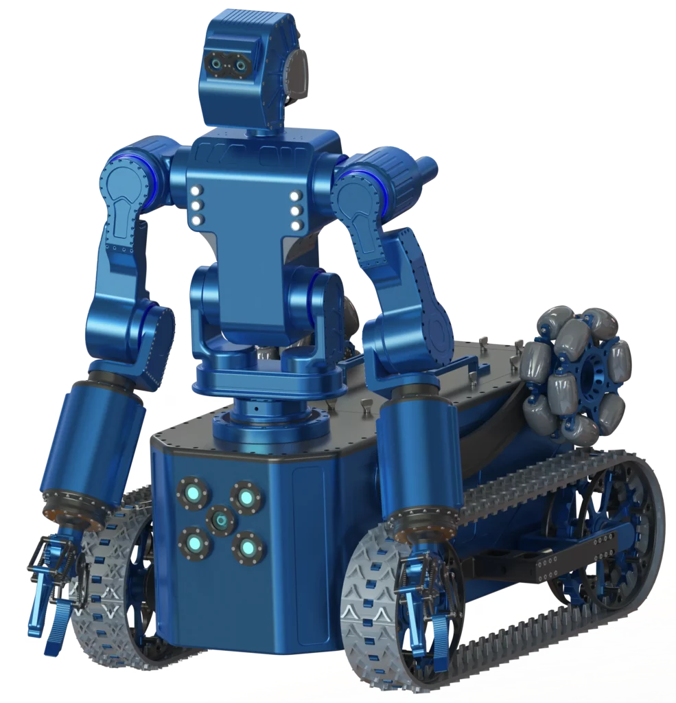 Exosquelette ZEUS monté sur une plateforme robotisée à chenilles, équipé de bras articulés et de pinces mécaniques, conçu pour les interventions industrielles et la manipulation en environnement difficile.