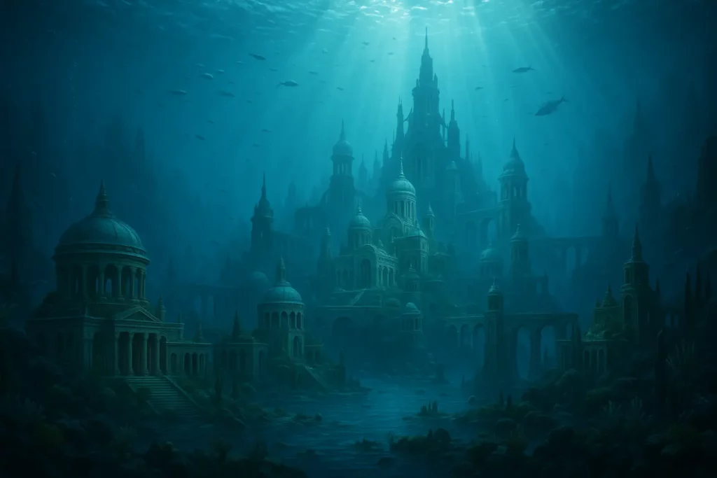 Immense cité antique engloutie sous l’océan, baignée d’une lumière bleu turquoise avec poissons et rayons solaires filtrant depuis la surface.