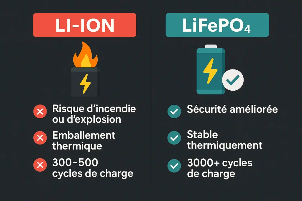 Infographie comparant les batteries Li-ion et LiFePOâ, mettant en avant les risques dâincendie et la faible durĂ©e de vie des Li-ion face Ă la stabilitĂ© thermique et aux 3000+ cycles de charge des batteries LiFePOâ.
