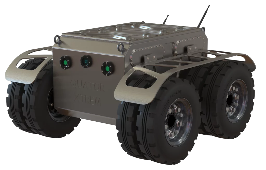 Robot Quator XTREM de Sfynx Industry, plateforme tout-terrain ultra-robuste à quatre roues jumelées, équipé de capteurs frontaux et d’un châssis renforcé, conçu pour les missions d’exploration, d’intervention et de transport dans des environnements extrêmes.