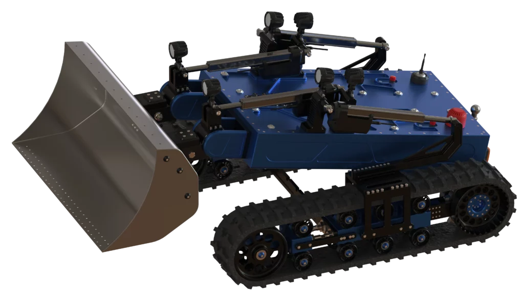 Robot ALGOR de Sfynx Industry, plateforme chenillée dotée d’un large godet frontal et de bras hydrauliques, conçue pour le déblaiement, le terrassement et les opérations robotiques en terrain difficile.