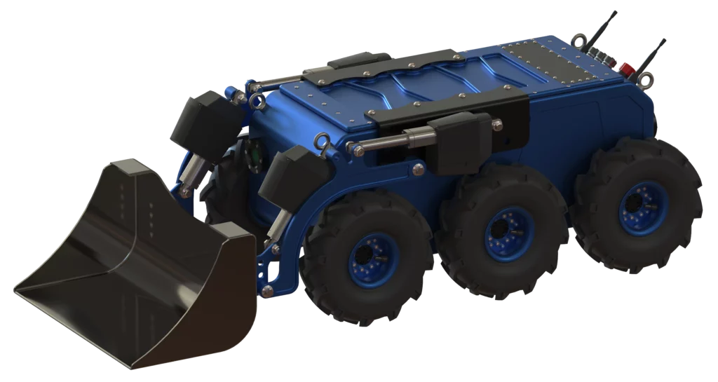 Rendu 3D du robot Argyros XL développé par Sfynx Industry, ici présenté avec un godet avant hydraulique. Ce modèle tout-terrain à six roues dispose de pneus crantés, d’une structure robuste bleue et d’un système de levage motorisé à vérins hydrauliques. Le godet métallique large à l’avant permet de déplacer ou de ramasser des matériaux lourds. Le dessus du robot est équipé d’un panneau de commande avec antennes et bouton d’arrêt d’urgence, soulignant son adaptation à des missions de manutention ou de déblaiement en environnements industriels complexes.