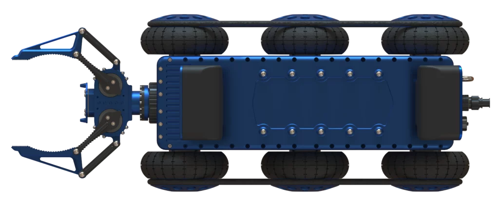 Robot Argyros de Sfynx Industry vu de dessus, plateforme tout-terrain à six roues équipée d’une pince mécanique frontale pour la manipulation d’objets et les opérations robotiques en environnement difficile.