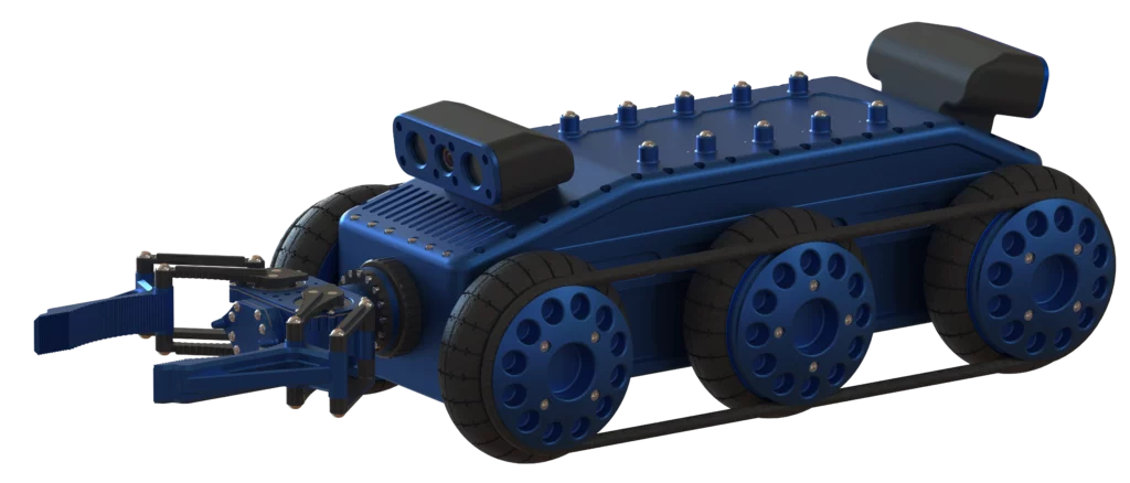 Ce rendu 3D illustre le robot Argyros conçu par Sfynx Industry dans une vue latérale dynamique. On y voit clairement sa pince avant articulée, son système de capteurs embarqué monté sur la partie supérieure et ses six roues motrices reliées par une structure rigide. Ce design met en avant les capacités du robot en matière de manipulation d’objets, de navigation autonome et de stabilité sur terrain irrégulier, tout en reflétant la qualité de conception industrielle du modèle.