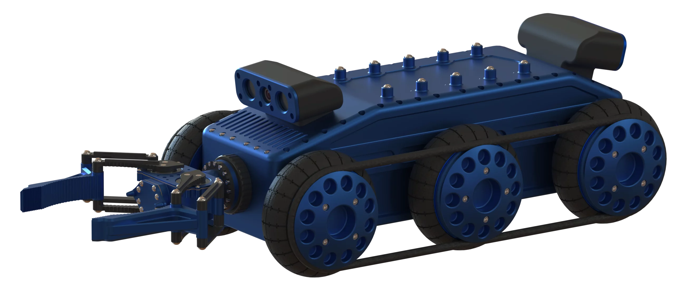 Ce rendu 3D illustre le robot Argyros conçu par Sfynx Industry dans une vue latérale dynamique. On y voit clairement sa pince avant articulée, son système de capteurs embarqué monté sur la partie supérieure et ses six roues motrices reliées par une structure rigide. Ce design met en avant les capacités du robot en matière de manipulation d’objets, de navigation autonome et de stabilité sur terrain irrégulier, tout en reflétant la qualité de conception industrielle du modèle.