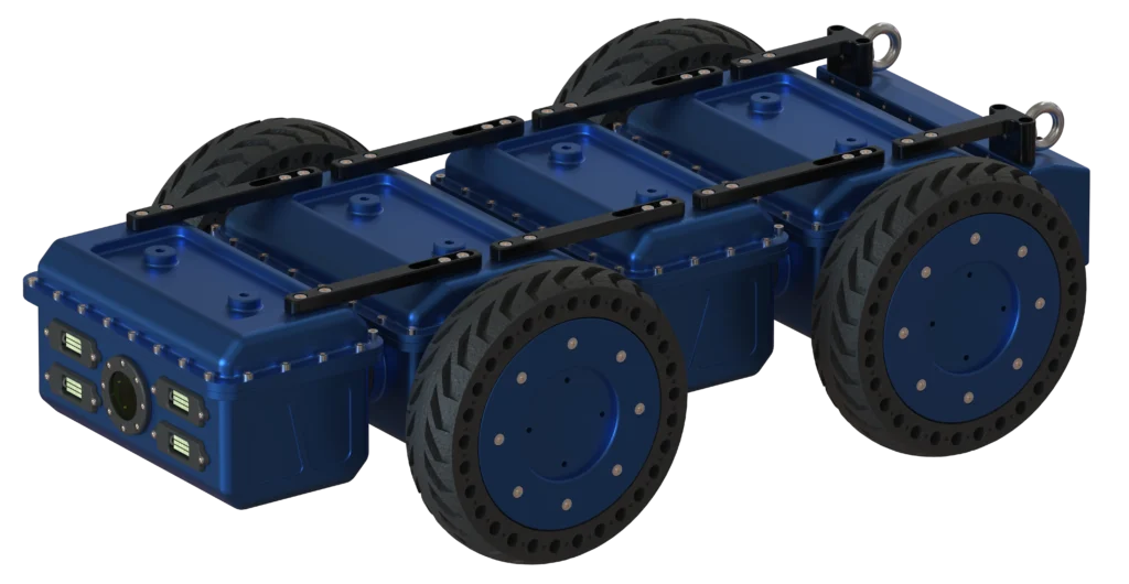 Robot Modulo-R de Sfynx Industry, plateforme mobile modulaire à quatre roues dotées de fixations supérieures et de capteurs frontaux, conçue pour le transport, l’inspection et les opérations robotiques polyvalentes.