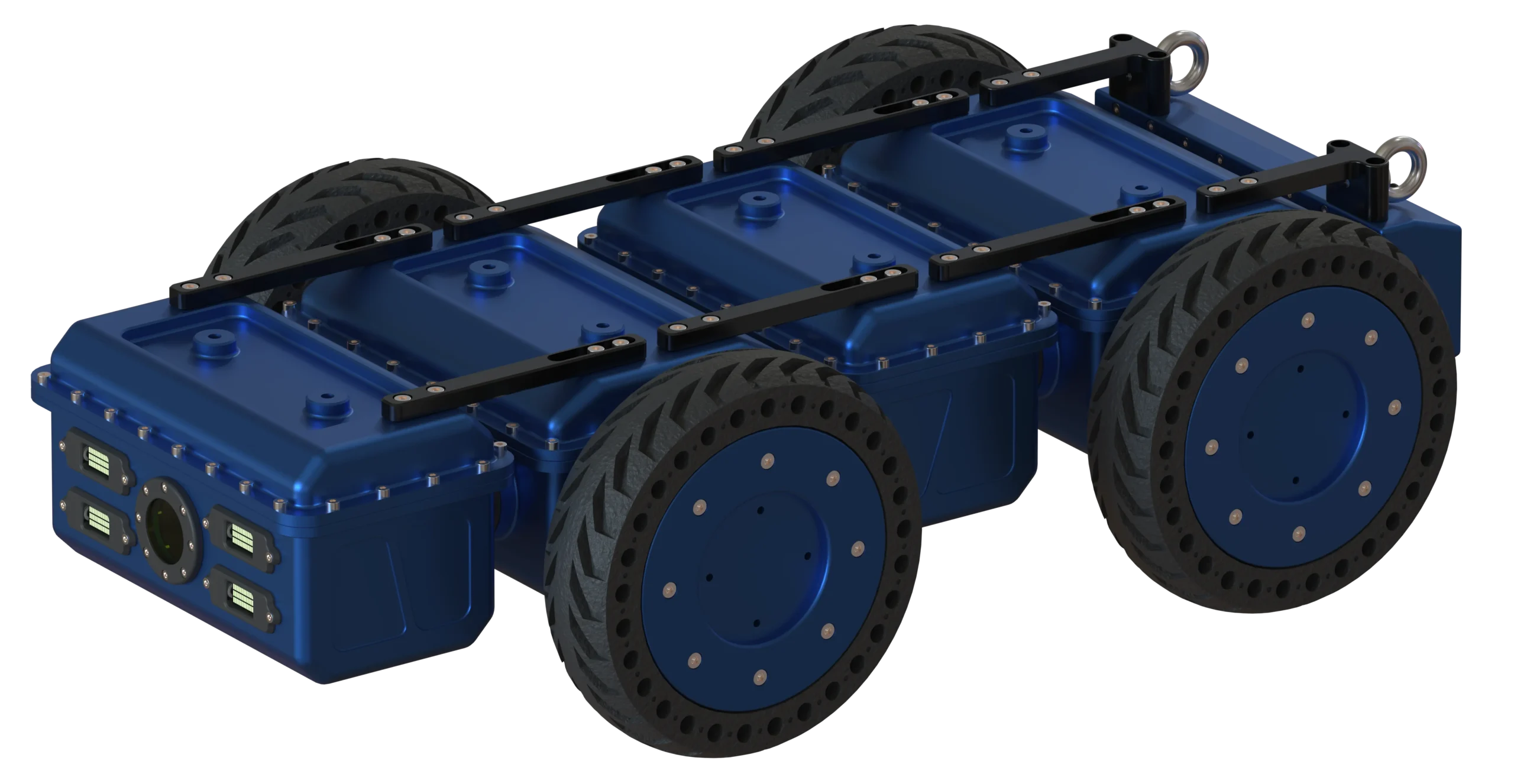 Robot Modulo-R de Sfynx Industry, plateforme mobile modulaire à quatre roues dotées de fixations supérieures et de capteurs frontaux, conçue pour le transport, l’inspection et les opérations robotiques polyvalentes.