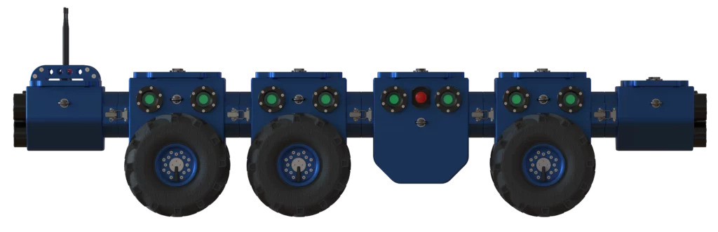 Rendu 3D du robot Modulo XL de Sfynx Industry vu de côté. On distingue clairement la structure modulaire bleue avec quatre grandes roues et plusieurs modules alignés. Chaque section intègre des capteurs circulaires et un bouton rouge d’arrêt d’urgence au centre. À l’arrière, une antenne prolonge le module de communication. L’ensemble illustre un robot modulaire robuste et fonctionnel, adapté aux environnements industriels.