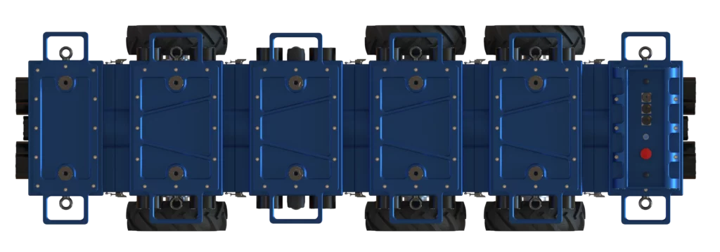 Rendu 3D du robot Modulo XL de Sfynx Industry vu de côté. On distingue clairement la structure modulaire bleue avec quatre grandes roues et plusieurs modules alignés. Chaque section intègre des capteurs circulaires et un bouton rouge d’arrêt d’urgence au centre. À l’arrière, une antenne prolonge le module de communication. L’ensemble illustre un robot modulaire robuste et fonctionnel, adapté aux environnements industriels.
