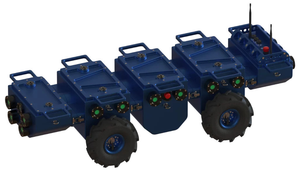 Rendu 3D du robot Modulo XL de Sfynx Industry en vue diagonale avant. Le robot modulaire bleu est composé de plusieurs segments reliés, chacun équipé de capteurs circulaires verts et d’un bouton rouge central. Il repose sur quatre grandes roues à reliefs prononcés. À l’arrière, deux antennes assurent la communication. L’image met en valeur la conception modulaire et polyvalente du robot.