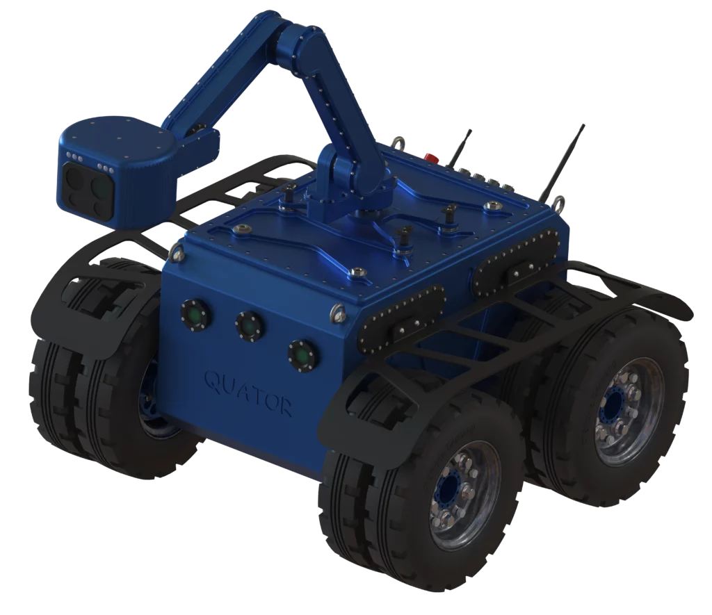 Rendu 3D du robot Quator développé par Sfynx Industry, équipé d’un bras optronique V2 positionné vers l’avant. Le bras articulé bleu, fixé au centre du châssis, se termine par un module optronique de forme cylindrique à tête carrée intégrant plusieurs capteurs. Le robot, à quatre roues doubles, affiche un design industriel robuste et fonctionnel. Ce rendu illustre une configuration typique du Quator pour la surveillance, la reconnaissance ou l’analyse technique de terrain.