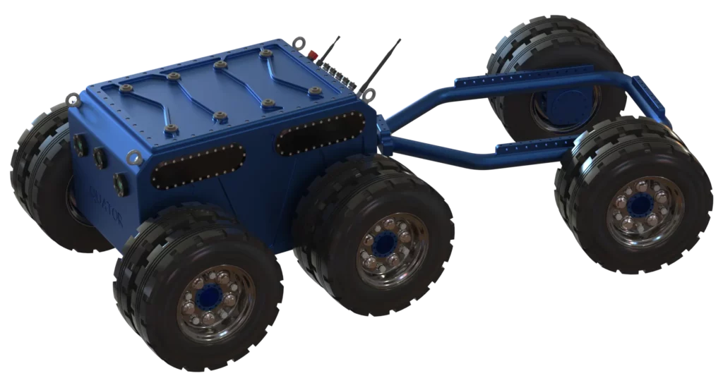 Rendu 3D du robot Quator conçu par Sfynx Industry, équipé d’une remorque articulée. Le robot principal, bleu métallique, est doté de quatre roues doubles et d’une structure robuste. À l’arrière, une remorque à deux essieux prolonge l’ensemble, offrant une capacité supplémentaire pour le transport ou la manutention. Ce rendu met en valeur la modularité et la puissance de traction du Quator dans sa version avec remorque.