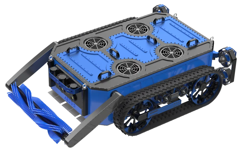 Rendu 3D du robot sous-marin Arius, produit par Sfynx Industry, vu en perspective. Ce modèle illustre la configuration complète du robot, équipé de chenilles latérales pour l’adhérence sur les surfaces immergées, d’une brosse rotative frontale bleue pour le nettoyage, et de propulseurs multiples intégrés sur la partie supérieure pour la stabilisation et la manœuvre sous l’eau. La conception robuste et modulaire met en évidence la polyvalence du robot pour des opérations de maintenance, d’inspection et de décontamination sous-marines dans des environnements industriels exigeants.