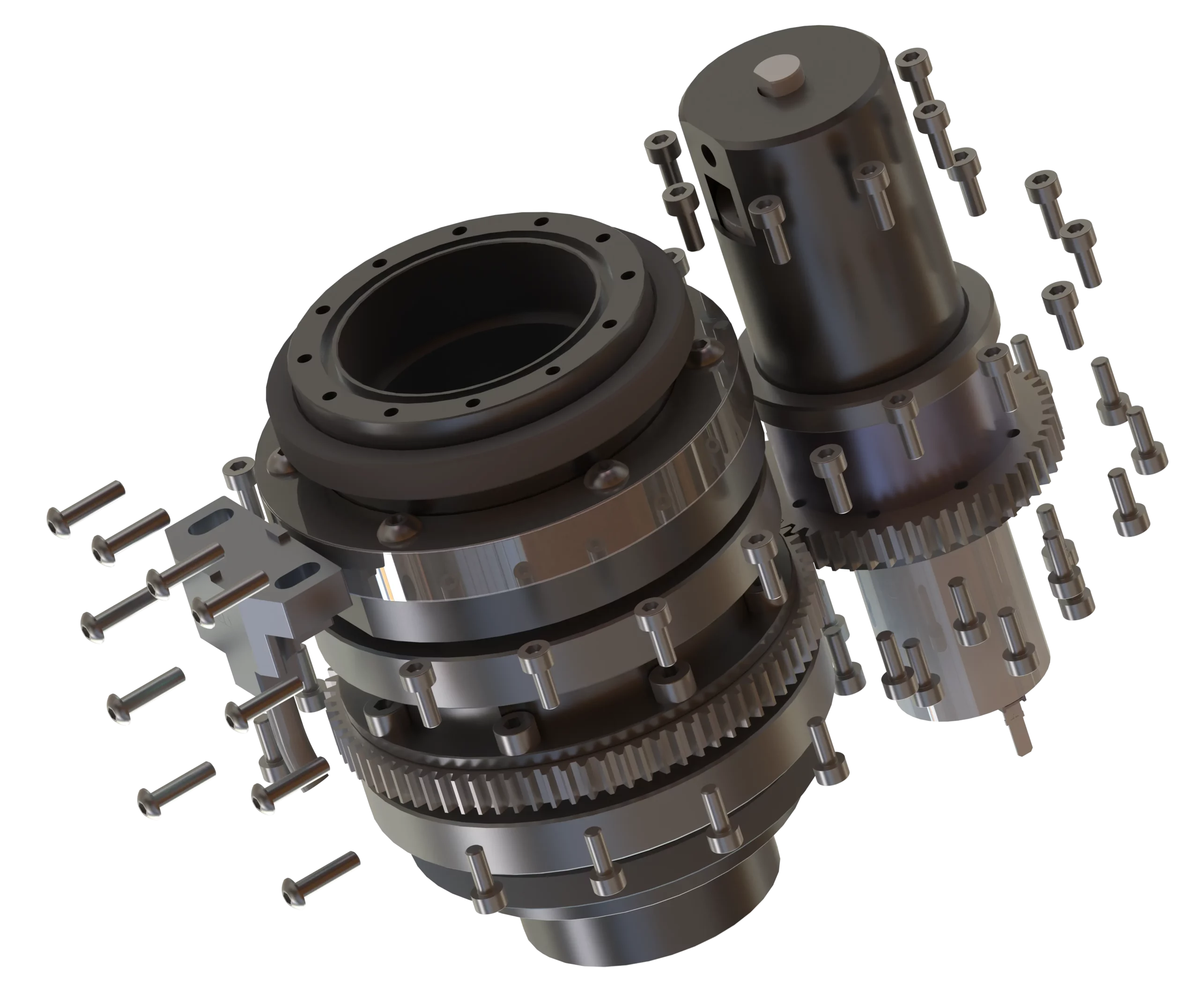 Vue éclatée d’un système de transmission mécanique conçu par Sfynx Industry, montrant engrenages, arbres, roulements et visserie, illustrant la précision d’assemblage et l’ingénierie avancée de ce module technique.